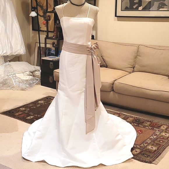 Taupe sash ivory satin trumpet Mermaid spaghetti strap chapel train bridal gown - Picture 1 of 12